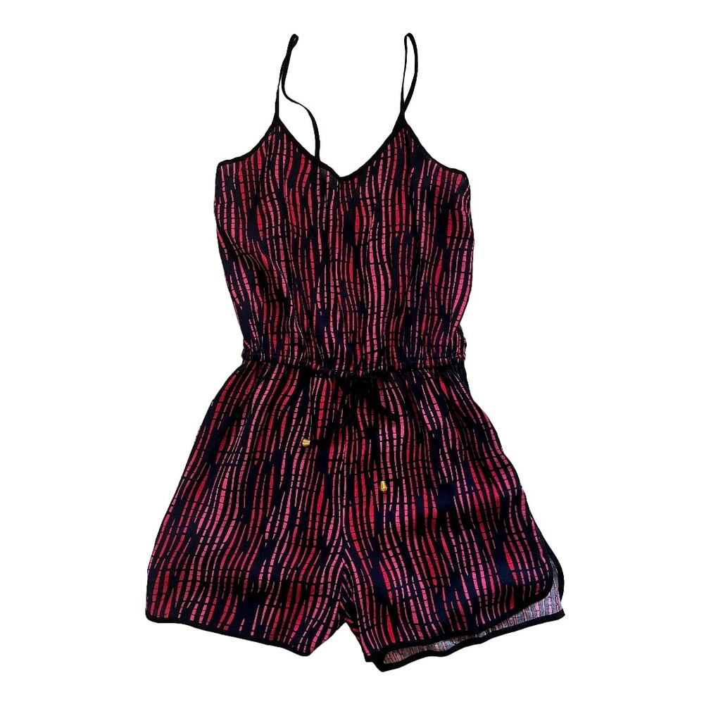 Womens Red Black Pink Abstract Stripe Spaghetti‎ Strap Drawstring Waist Romper M